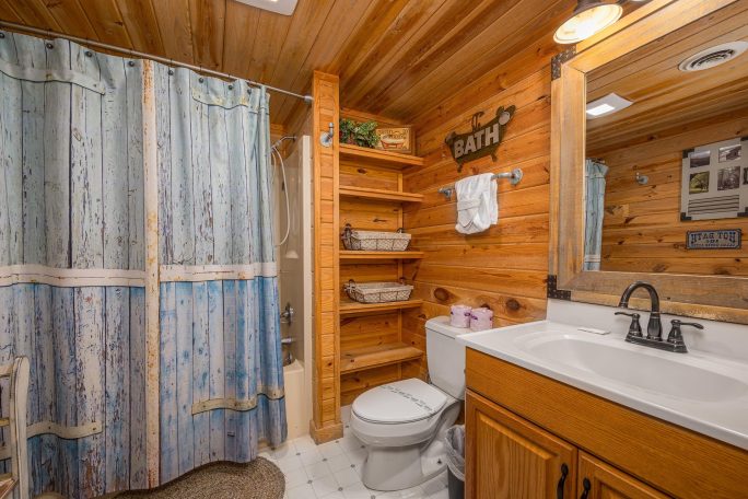 Rustic bathroom featuring wood paneling, a shower curtain, shelves, and modern fixtures.