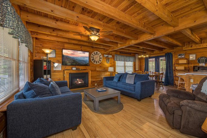 Cozy living room with wooden walls, sofas, and a fireplace, featuring a large TV.